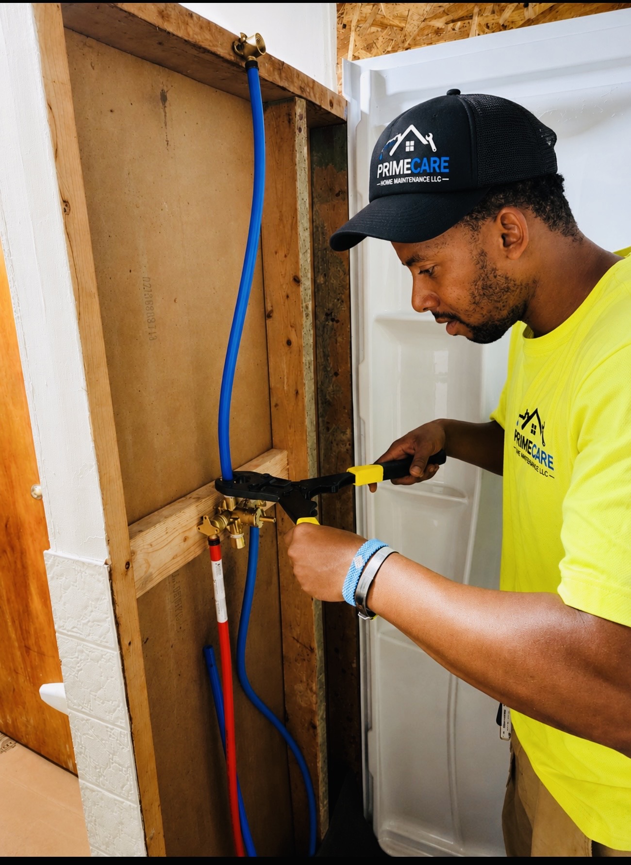 Prime Care technician replacing a shower mixing valve with PEX lines