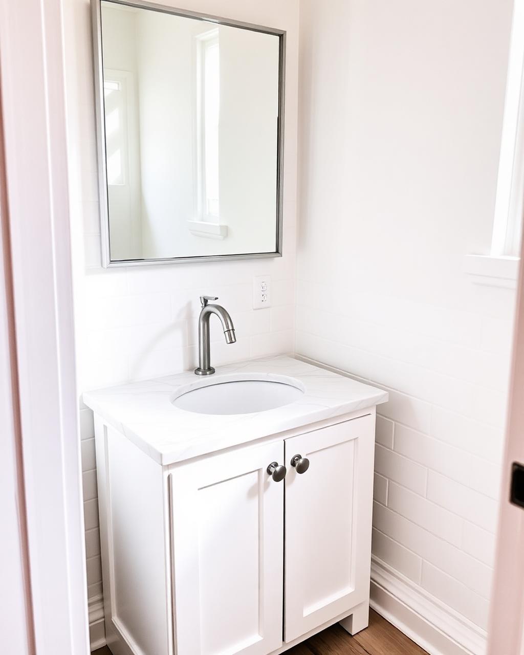 Renovated bathroom with white vanity